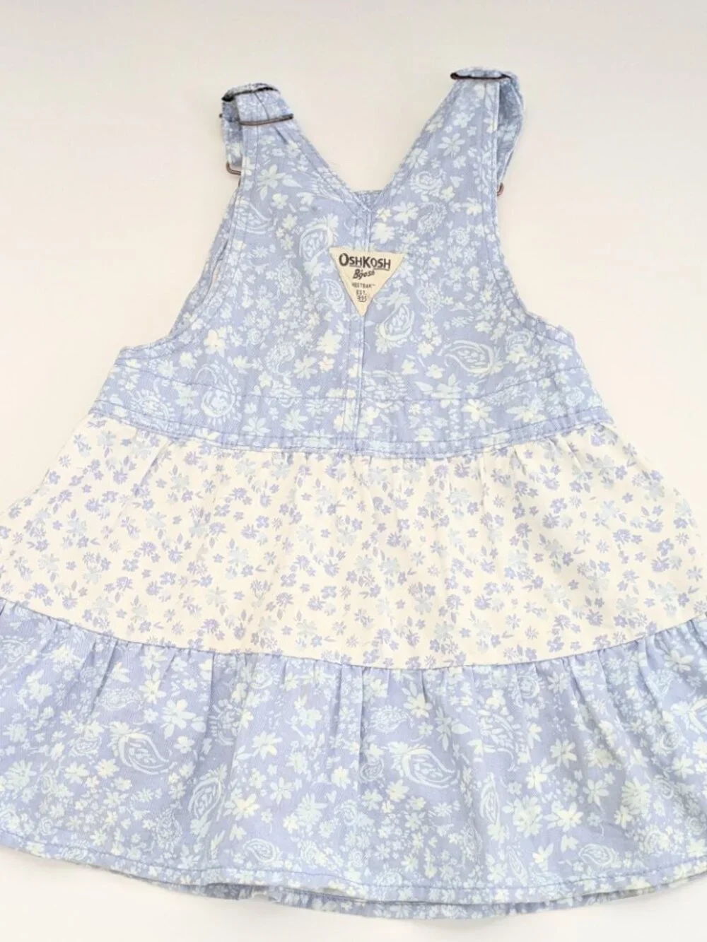 OshKosh B'gosh Girls (Size 3) Blue & White Floral Tiered Bib/Overall-Style Dress